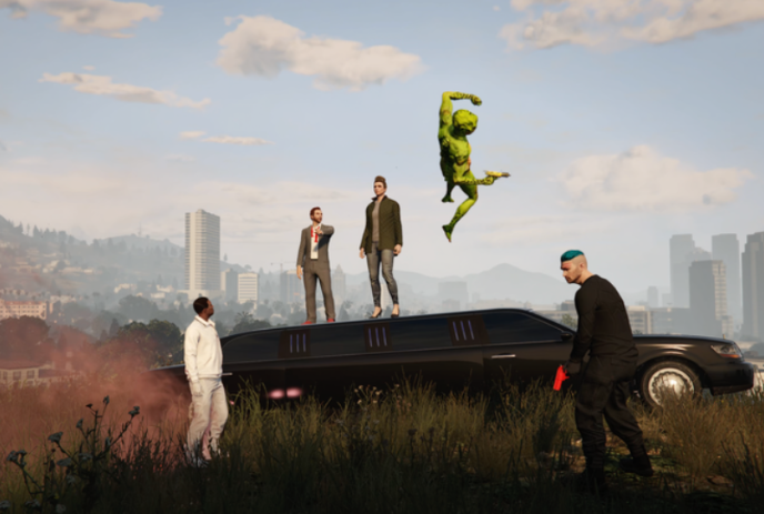 Two people standing on top of a limousine, two people standing in front and a green monster flying in the air.