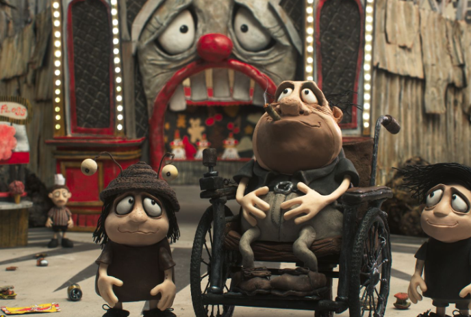 Cartoon image of an older person in a wheelchair with two young people walking beside them.