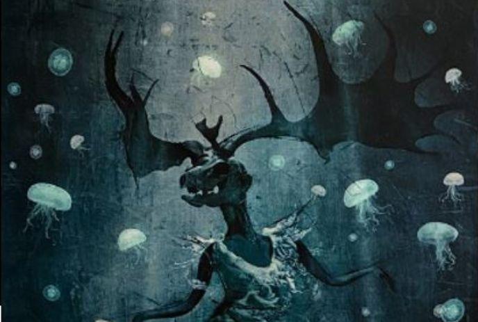 A dark, surreal scene featuring a skeletal moose with large antlers, submerged in water, surrounded by floating jellyfish.