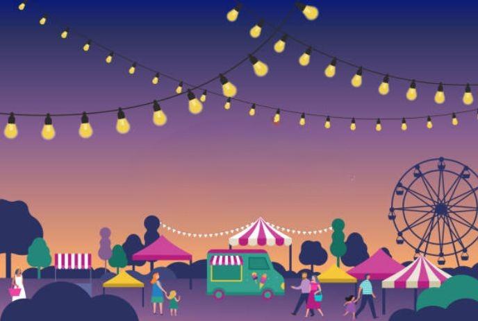 A lively evening fair with food trucks, carnival booths, string lights, families, and a Ferris wheel under a sunset sky.