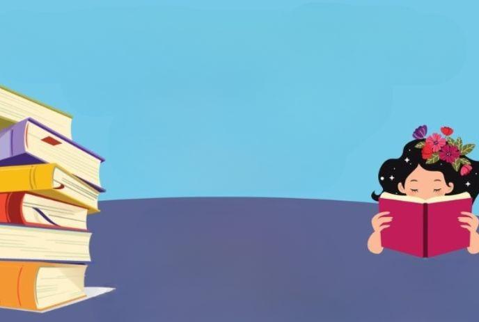 A stack of books on the left, a person with flowers in their hair reading a book on the right, set against a blue background