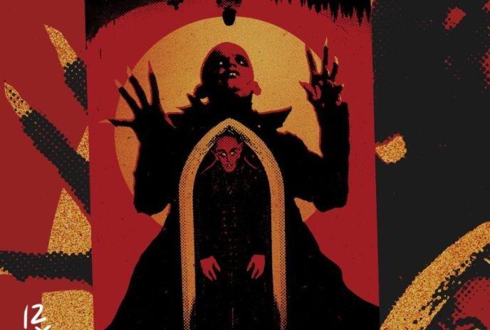 A dark, eerie illustration featuring a sinister figure with clawed hands and a smaller figure in a gothic arch.