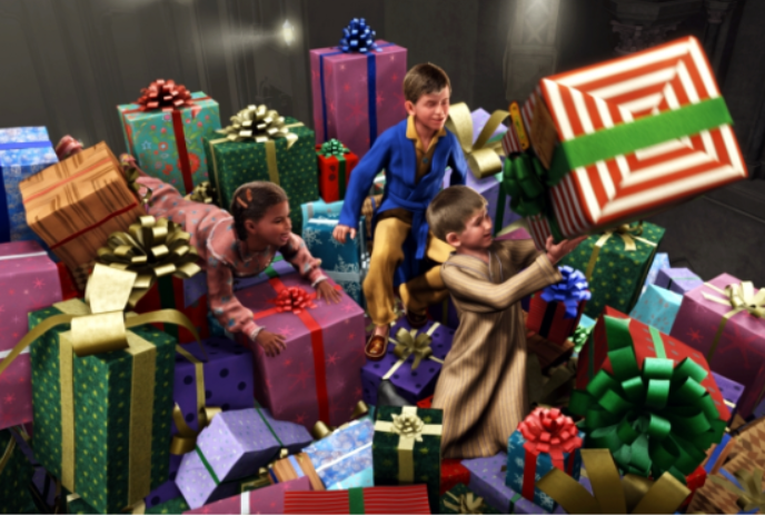 Three children on a large pile of gifts.