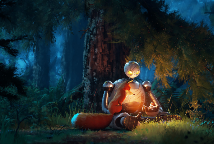 Robot in the woods holding a bird with a fox looking on.