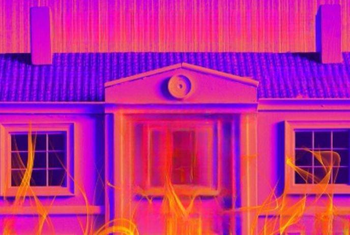 Thermal image of a house on fire. The heat is shown in purple, pink, and orange, illustrating the fire's intensity.