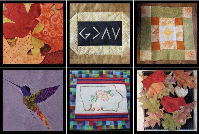 Six quilt squares with various patterns, including leaves and a bird. Each square has unique designs and colors.