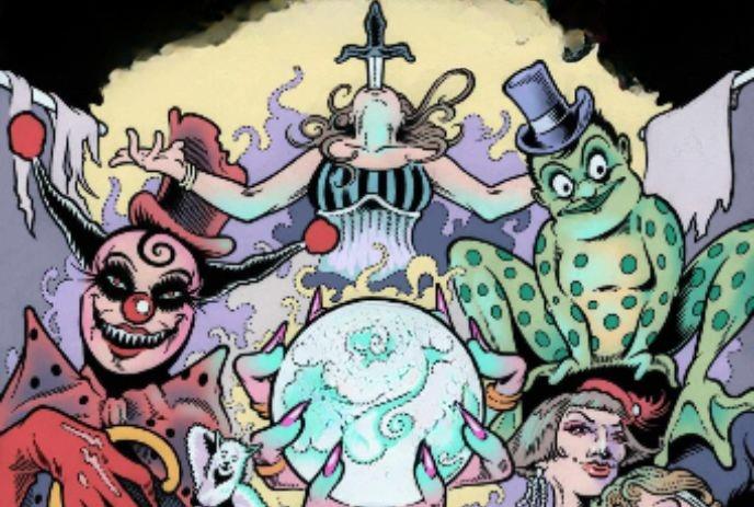 A whimsical illustration of a clown, a frog in a top hat, a fortune teller, and a figure with sword, a glowing crystal ball.