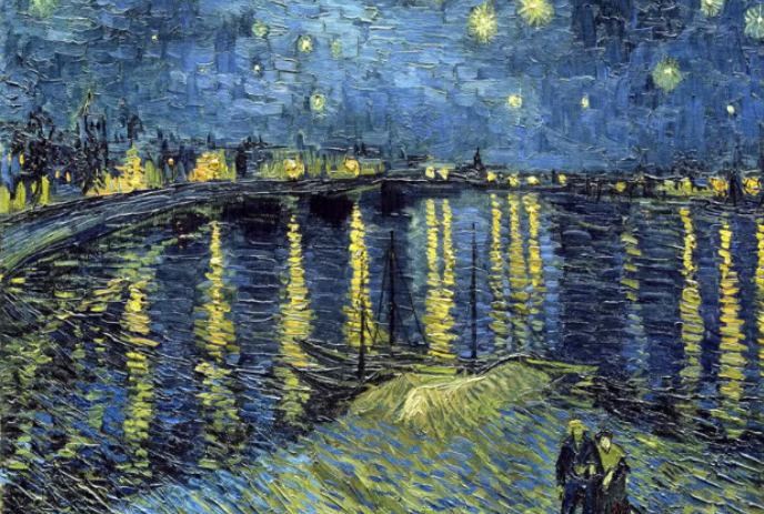 Starry Night on the Rhone, a painting of two people walking by a river,  done by Van Gogh.