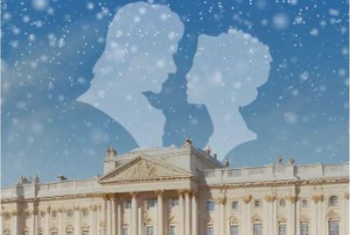 Silhouettes of two profiles facing each other with snow overlay and a classical palace building background.
