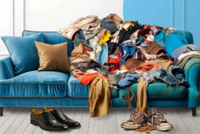 A blue sofa piled with clothes, shoes on the floor, against a blue wall. The scene suggests clutter and disorganization.