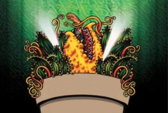 A plant monster with a large mouth holding a human hand, set in a scary scene with a dark green background.