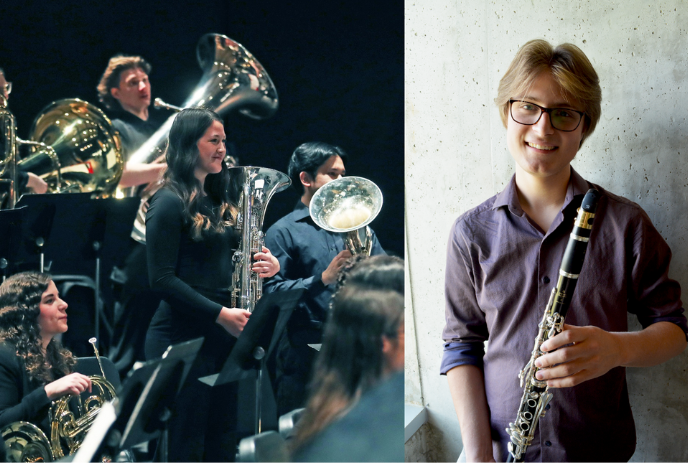 Two images side by side. Left: A group of musicians playing brass instruments in a concert setting.