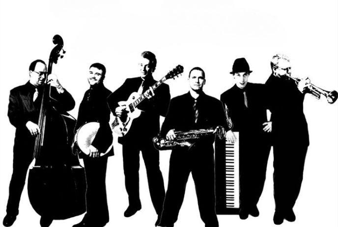 A black and white image of musicians with instruments: a double bass, a guitar, a saxophone, a keyboard, a trumpet, a drum.