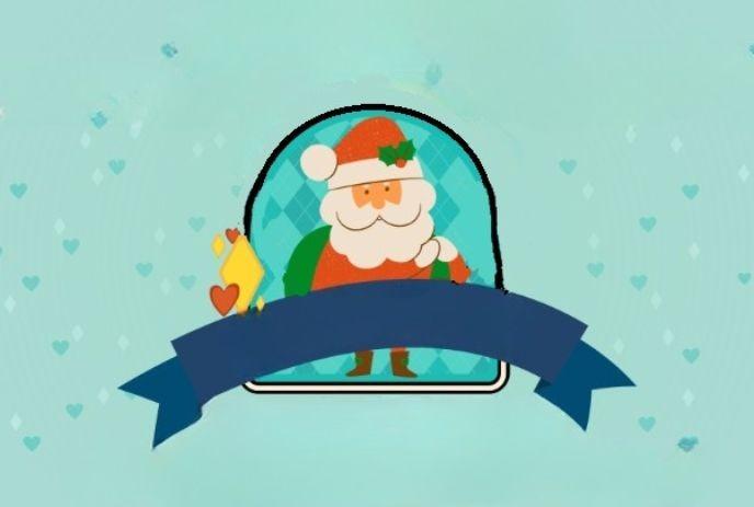 Santa Claus inside an oval globe with a blue banner below, surrounded by hearts and festive decorations.