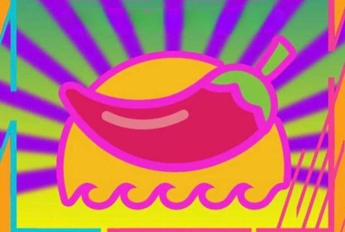 A colorful illustration featuring a red chili pepper with a green stem on a yellow background with purple rays & wavy lines.