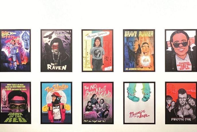Collection of 12 colorful movie posters on a wall, featuring various titles and designs.