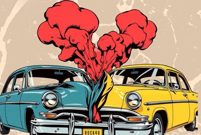 Two vintage cars collide with a large red explosion-like illustration emanating from the impact point, creating a dynamic scene.