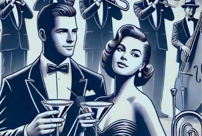 An illustration in vintage style, depicting a sophisticated social.