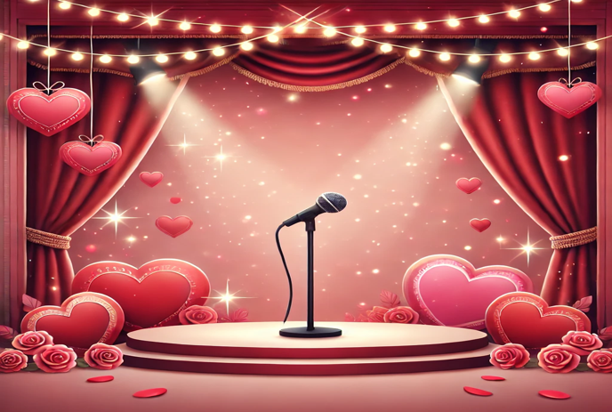 A Valentine's Day-themed stage with a microphone and heart decorations.