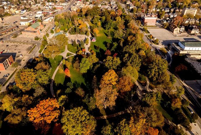 An aerial shot of London Ontario during a fall month.