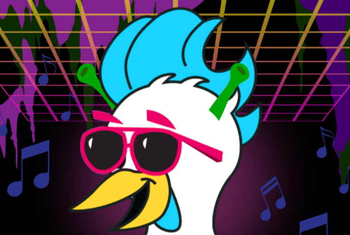 Cartoon chicken with sunglasses, colorful mohawk, music notes, purple background, suggesting a fun, musical theme.