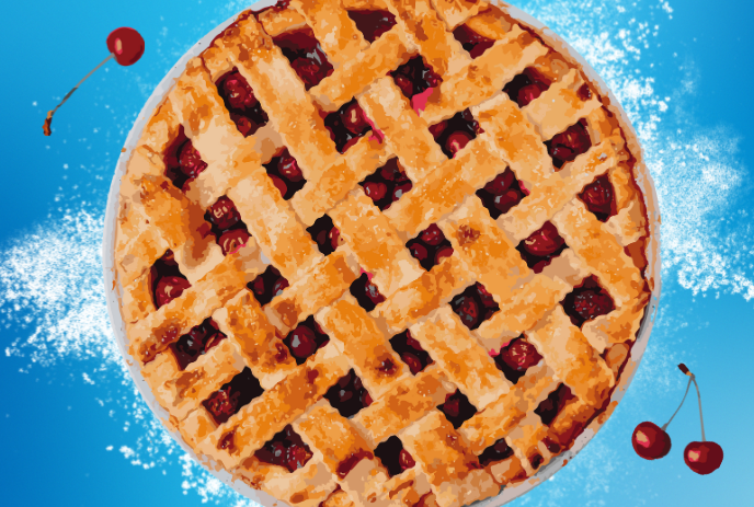 Cherry pie with cherries around it and a blue background..