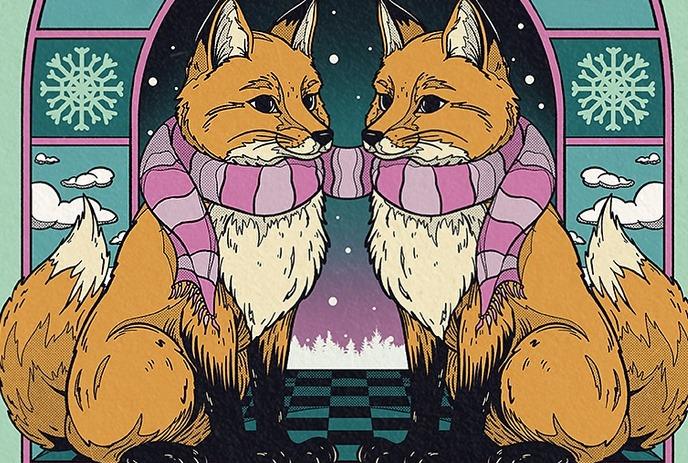 An illustration of two foxes sharing a winter scarf