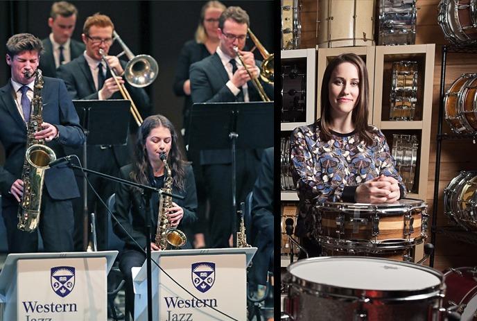 A jazz band performs on the left with various instruments, while a female with drums is shown on the right.