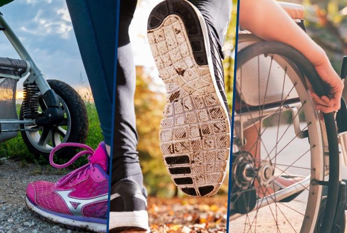 A triptych showing a bicycle wheel, a walking shoe mid-step, and a wheelchair wheel with a hand gripping it.