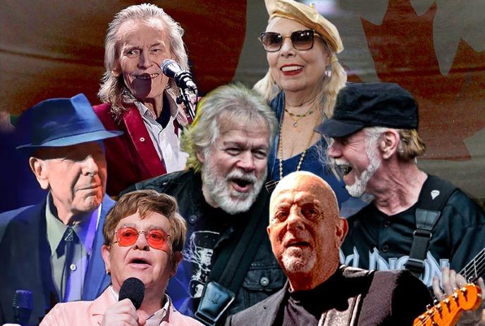 A collage of various musical performing artists from the 70's, 80's, and 90's.