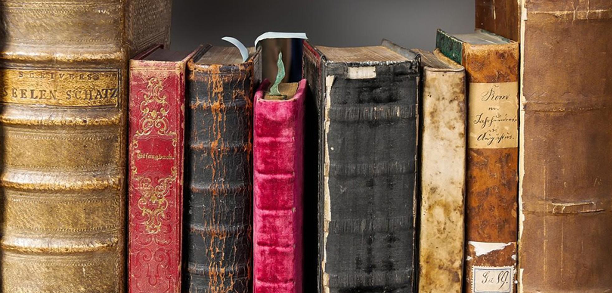 The spines of several old books