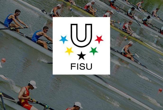 Rowers competing in an international Regata with the FISU logo in the forefront