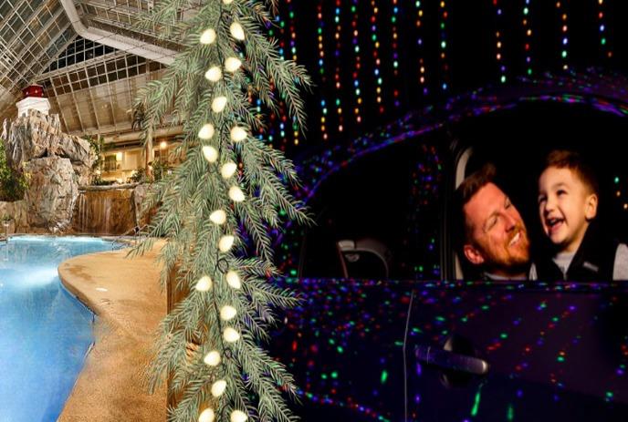 A split image showing an indoor water park with a pool and waterfall, and two people in a car with colorful holiday lights.