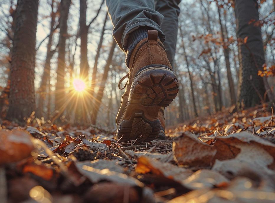 Close up of a person's foot walking on a path or trail in the middle of a forest, the season is fall