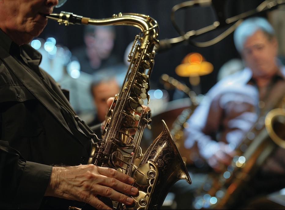 A musician playing the saxophone live on stage with a jazz band in the background
