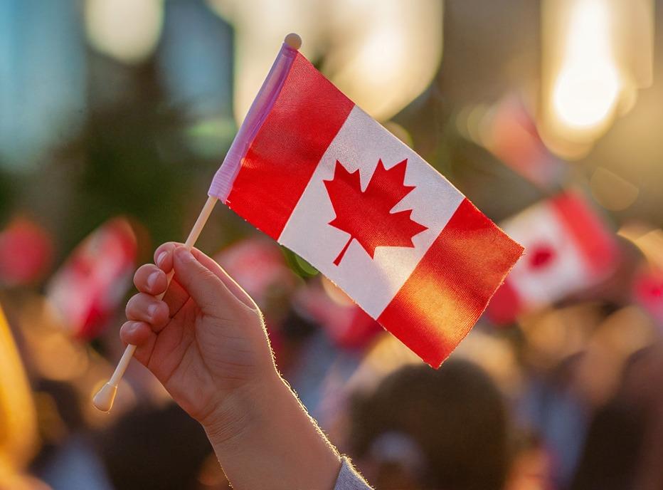 A close up of a young child's hand holding a small flag of Canada in an outdoor festival,