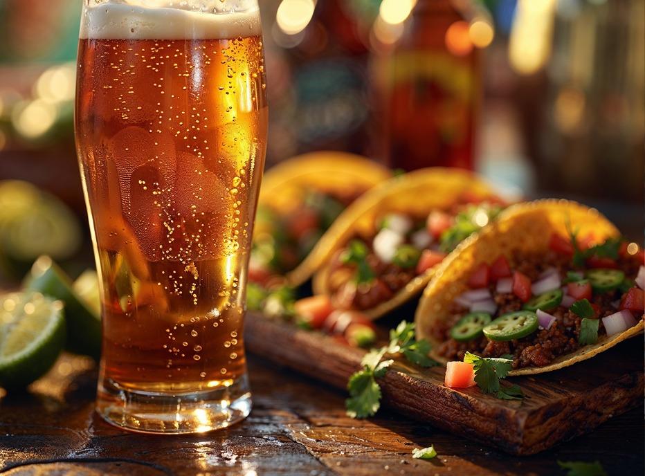 A glass of beer on a table with a group of tacos