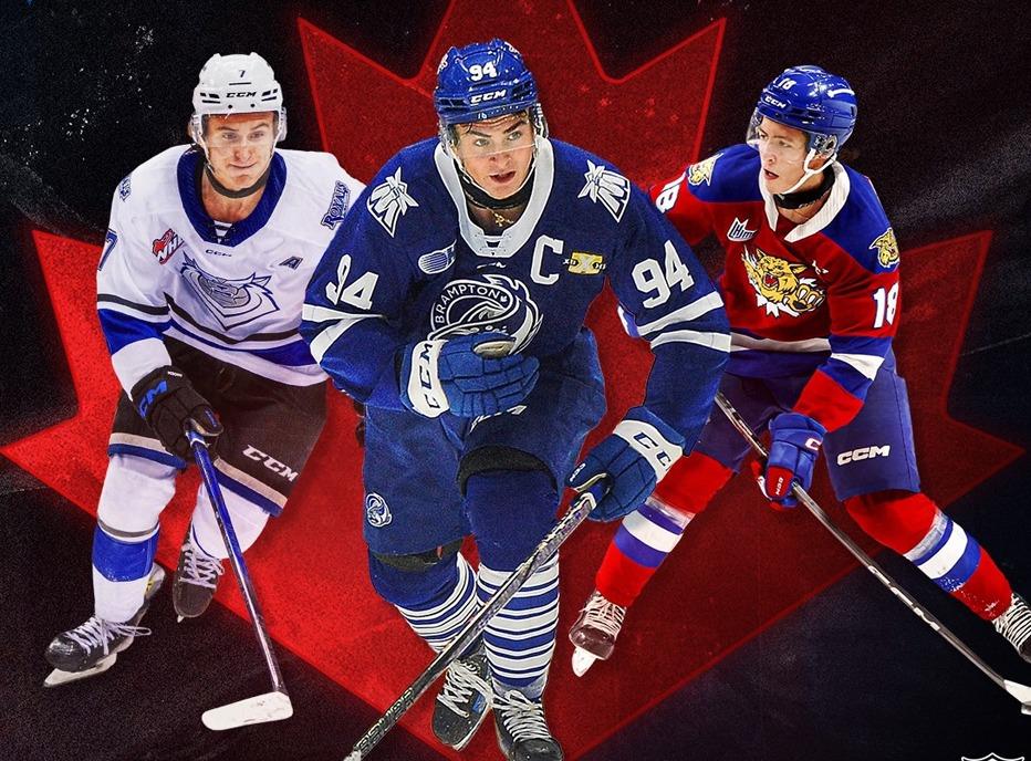 A montage of three hockey players, in the background is a maple leaf graphic