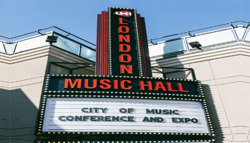 A signage board of London Music Hall.